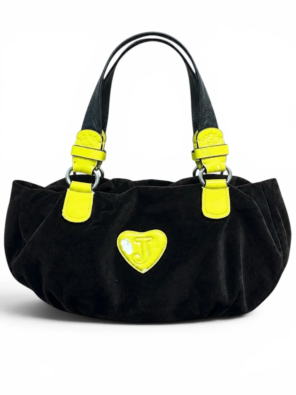 Vintage Y2K Juicy Couture Black Velour Hobo Bag Neon Yellow Scottie Crown Logo